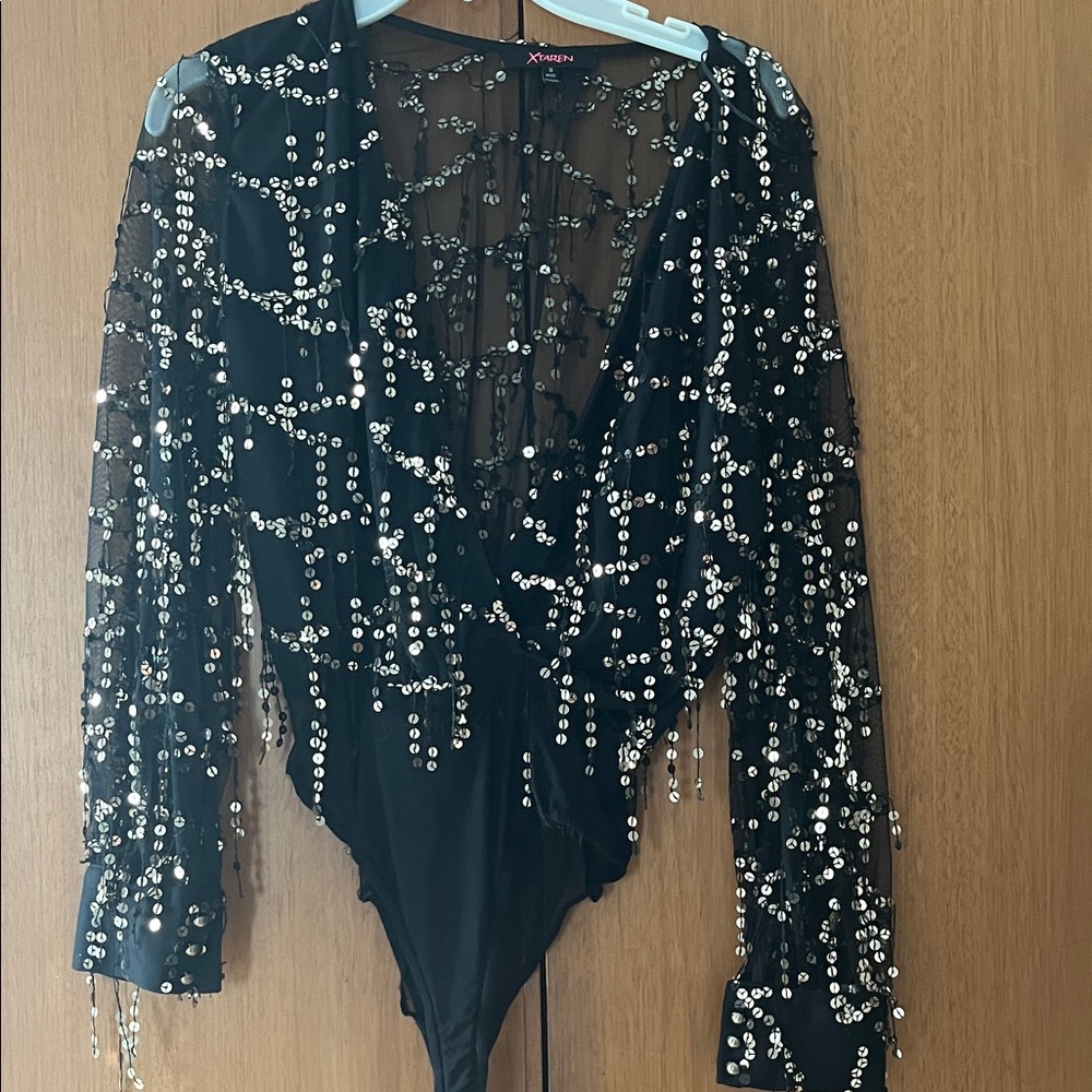 Black Sequin Mesh Bodysuit Women's Top